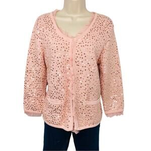 NWT Nue Options Pale Pink Sequined Cardigan Ruffle Accents Back Peplum